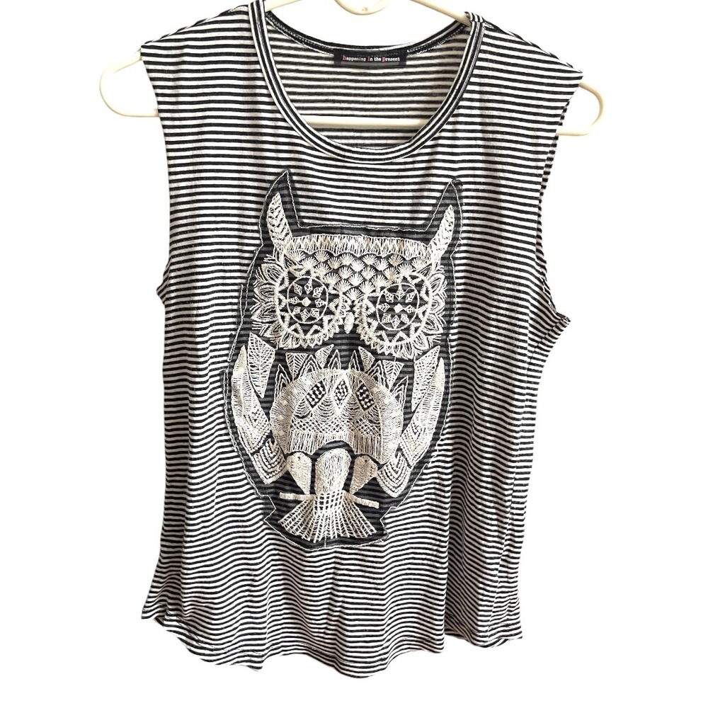 Black and White Stripe Tank With Embroidered Owl Appliqué XS